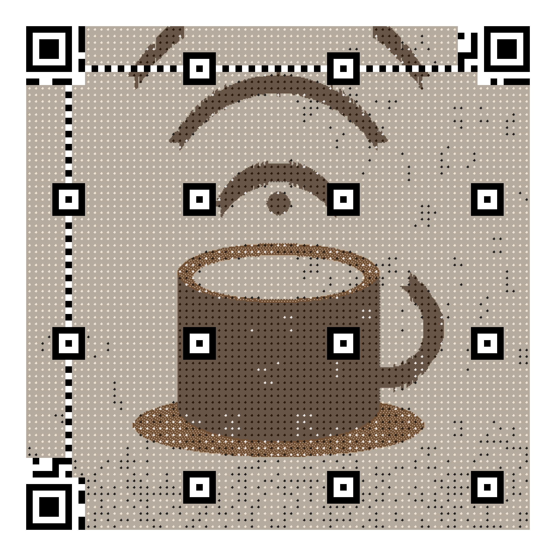 Scannable WiFi QR code generated from an illustration of a coffee cup with steam shaped like a WiFi signal